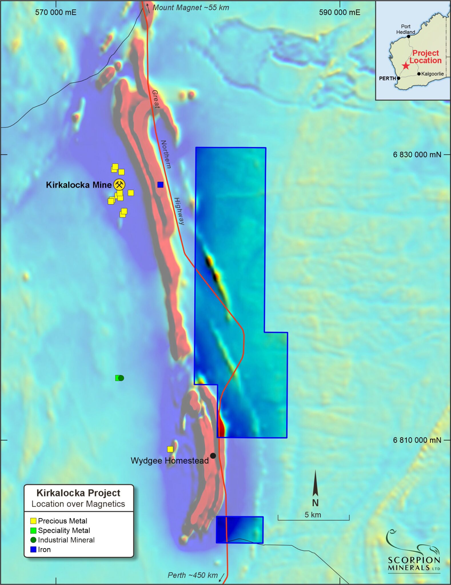 Location of the Kirkalocka Project shown over magnetics